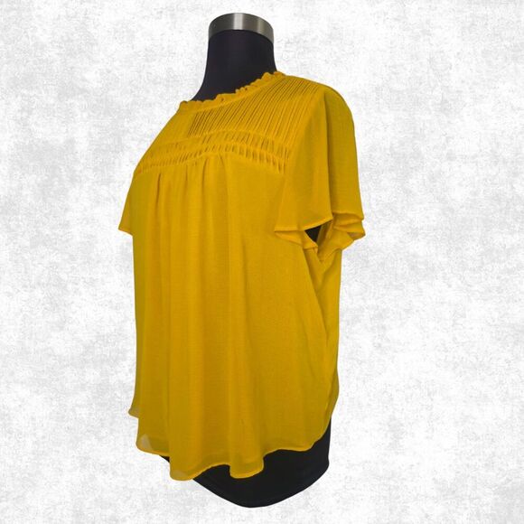 Torrid Mustard Yellow Smocked Blouse Plus Size 2X Ruffle Neck Boho Festival Top - Picture 6 of 7
